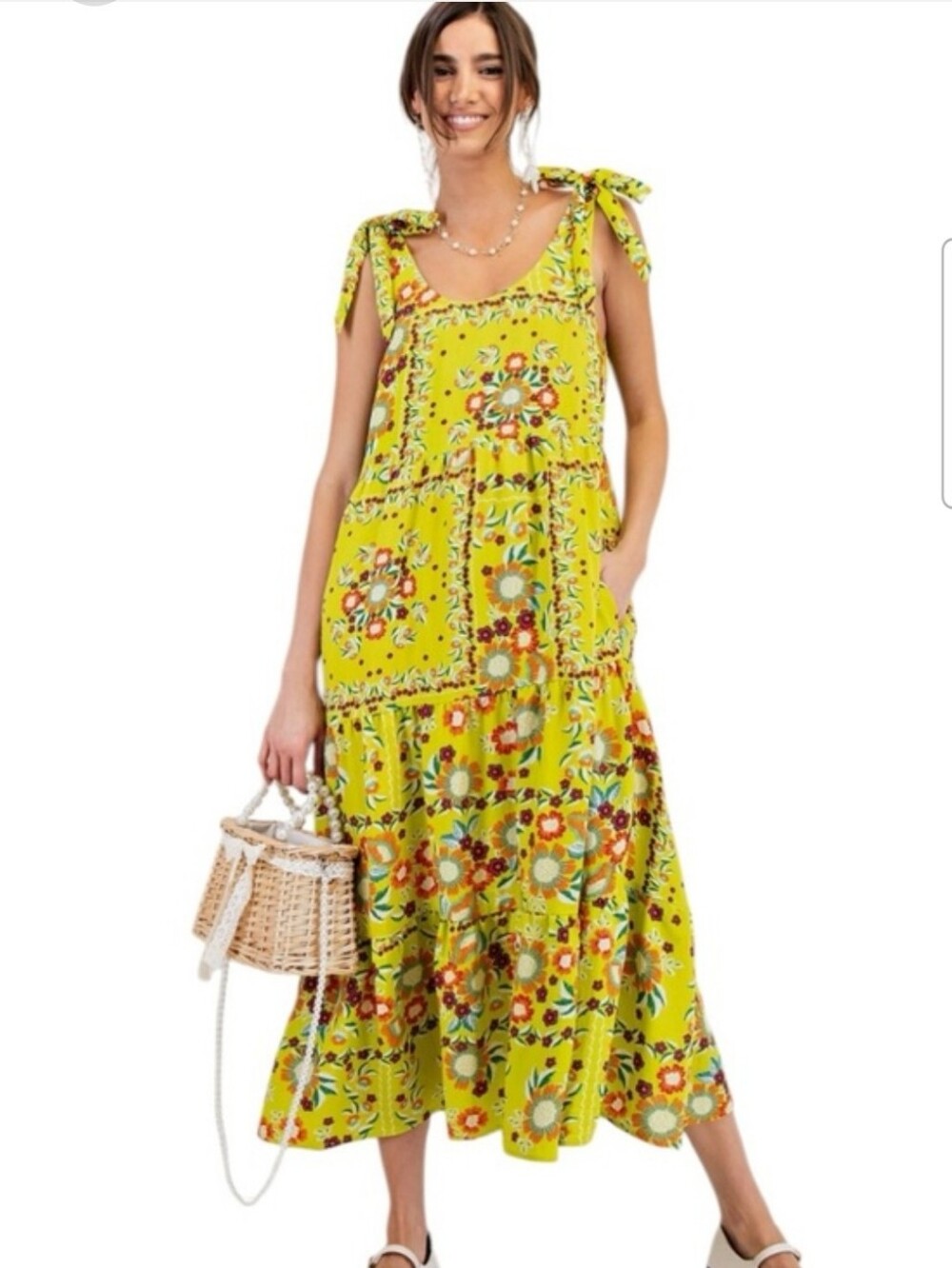 easel Yellow Floral Tie-Shoulder Maxi Dress